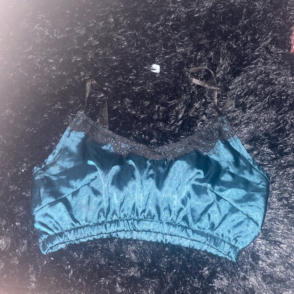Elegant Teal Satin Bra with Black Lace Trim